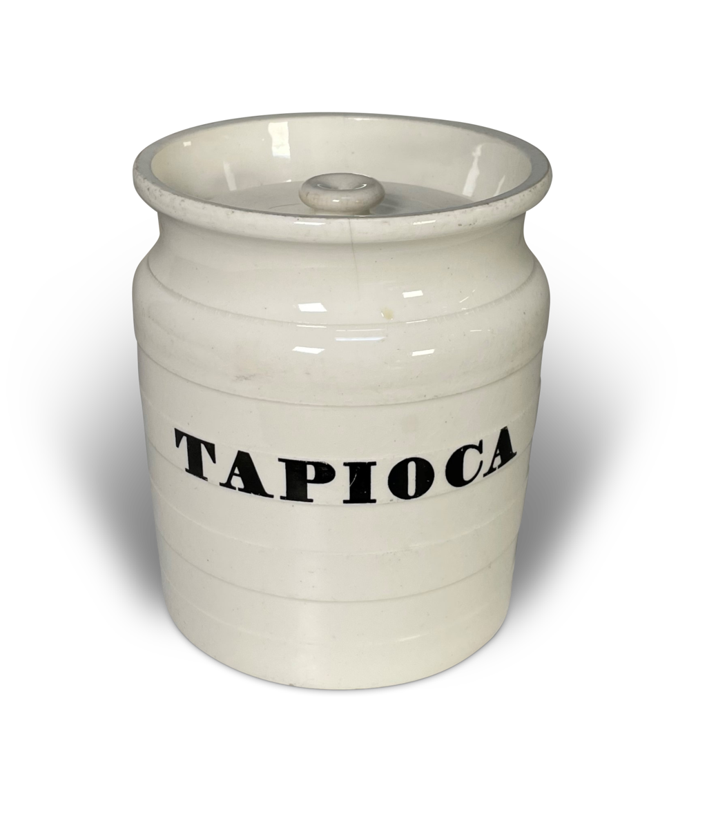 White Ironstone Lidded Tapoica Banded Storage Jar