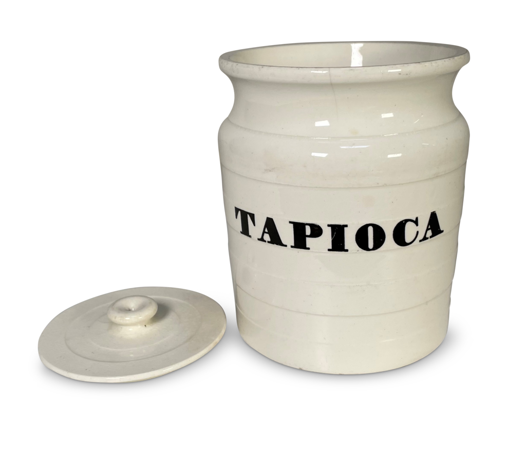 White Ironstone Lidded Tapoica Banded Storage Jar