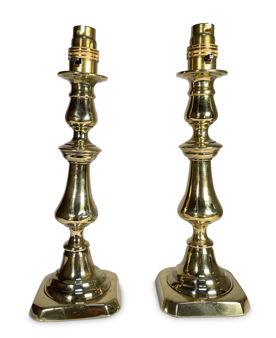 Pair of Victorian Turned Brass Candlestick Table Lamps