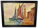Oil on Board of Sailing Boats on a Quay in a Mediteranean Setting