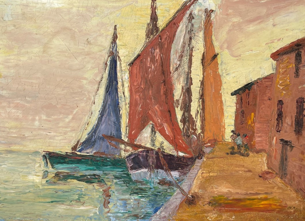 Oil on Board of Sailing Boats on a Quay in a Mediteranean Setting