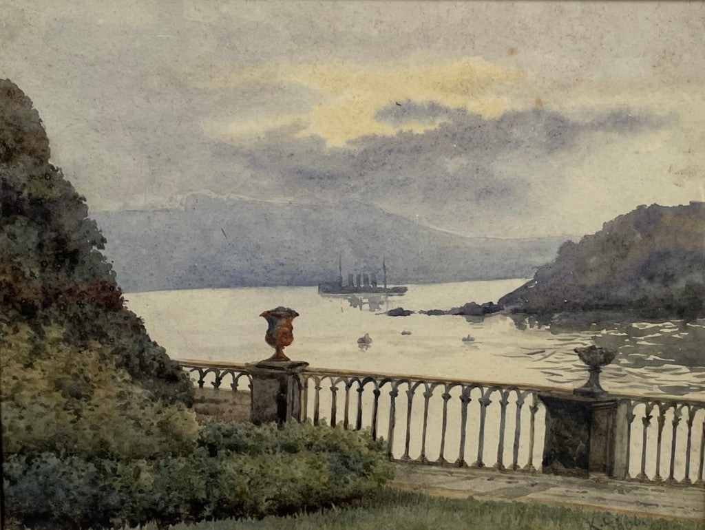 Watercolour of Lake Scene from a Garden Veranda