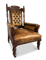 Victorian Leather Buttoned Back Carved Club Chair Raised at the Front with Reeded and Turned Legs