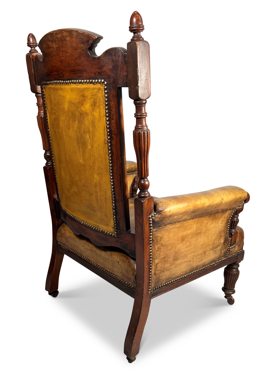 Victorian Leather Buttoned Back Carved Club Chair Raised at the Front with Reeded and Turned Legs