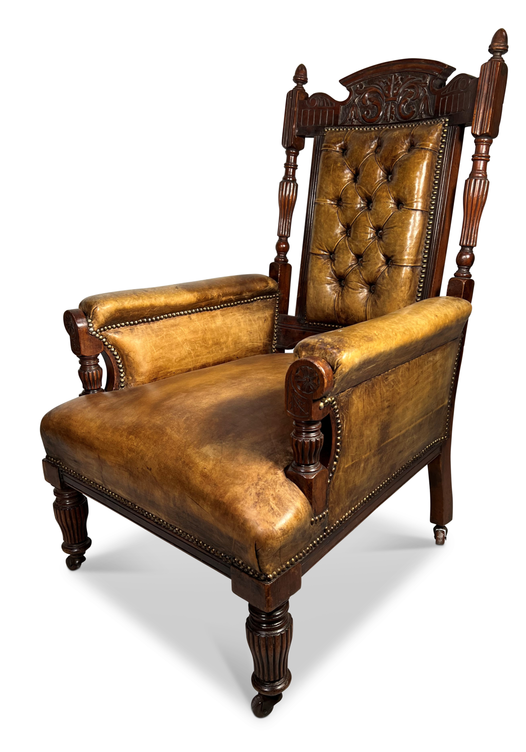 Victorian Leather Buttoned Back Carved Club Chair Raised at the Front with Reeded and Turned Legs