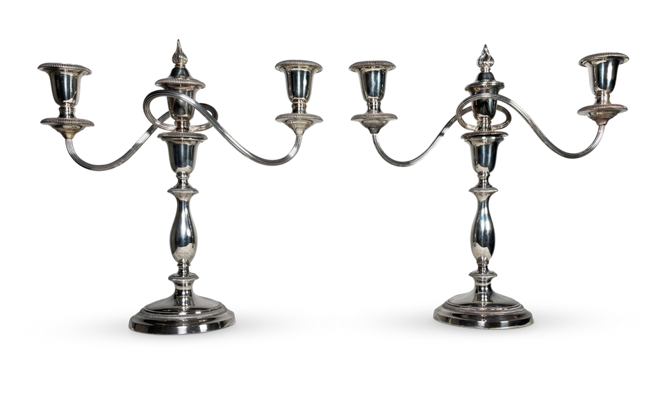 Pair of Shelffield Plated Three Branch Candelabras with Covers