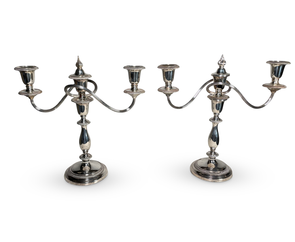 Pair of Shelffield Plated Three Branch Candelabras with Covers