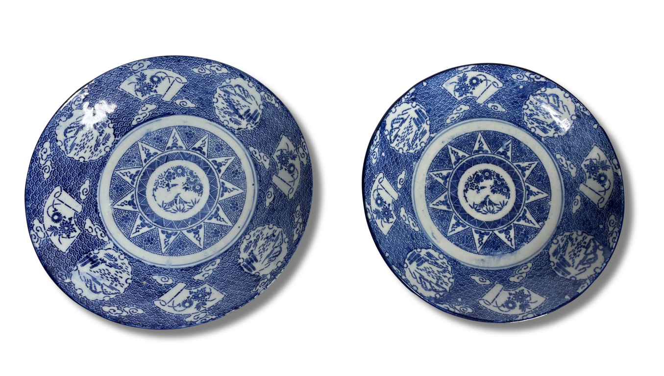 Pair of Meiji Period Blue and White Hand Decorated Plates