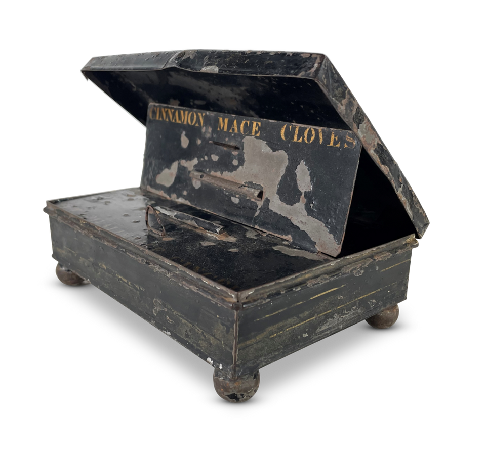 Dome Lidded Top Tole Spice Tin with Internal Compartments under Two Hinged Tin Lids