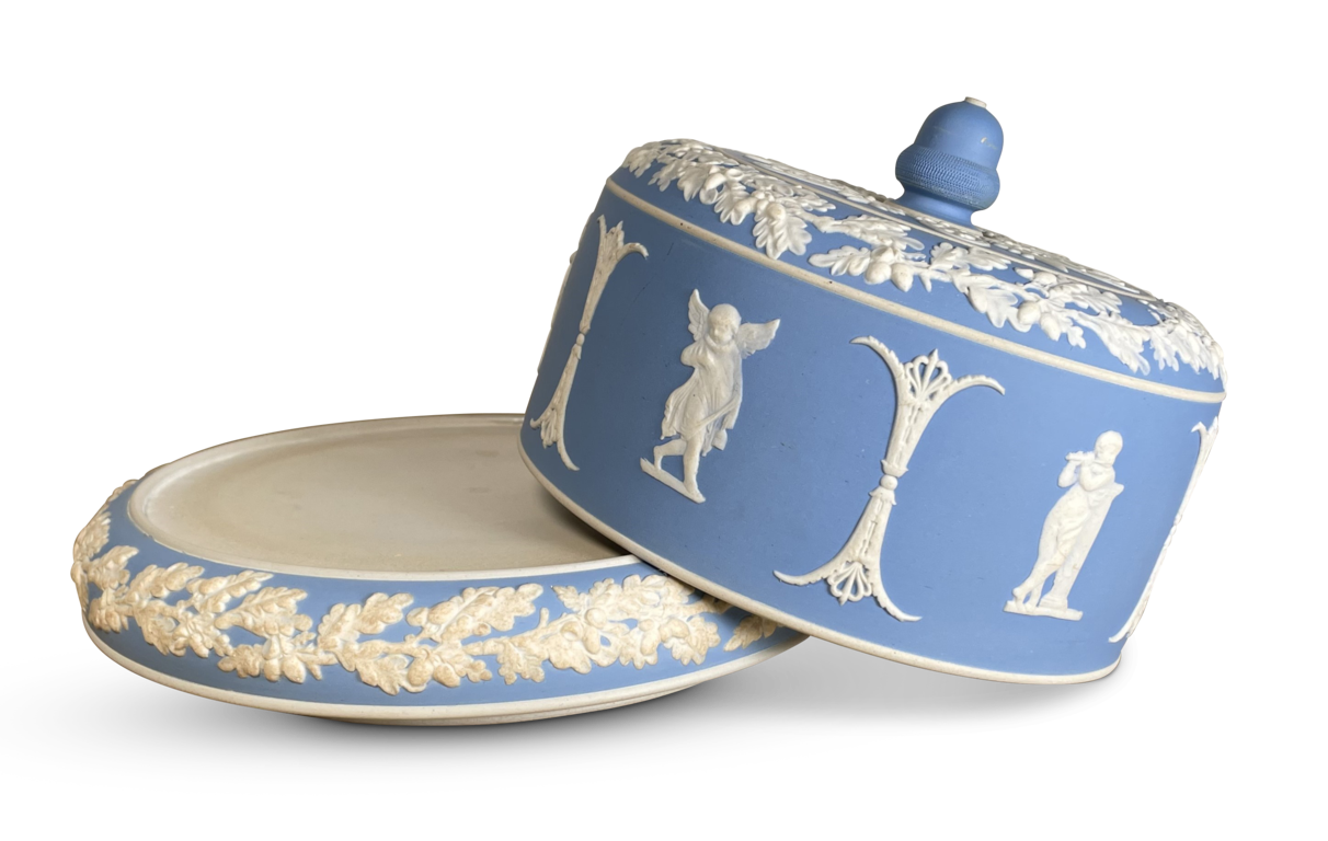 Jasperware Cheese Cloche and Plate decorated with Musical Puttis and Oak Leaf and Acorn Garlands