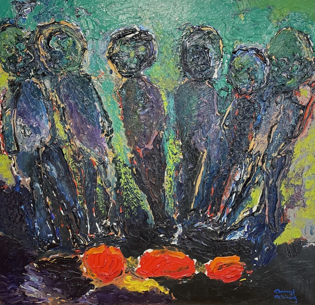 Impasto Oil on Canvas Abstract Work with Group of Figures Entitled Offer Platsen