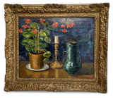 Oil on Board Still Life of Potted Geranium with Candlestick and Jug