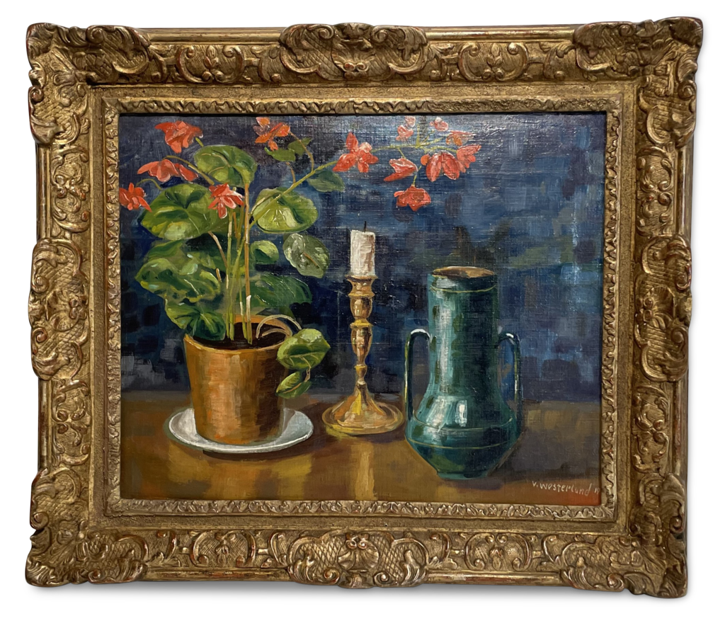 Oil on Board Still Life of Potted Geranium with Candlestick and Jug