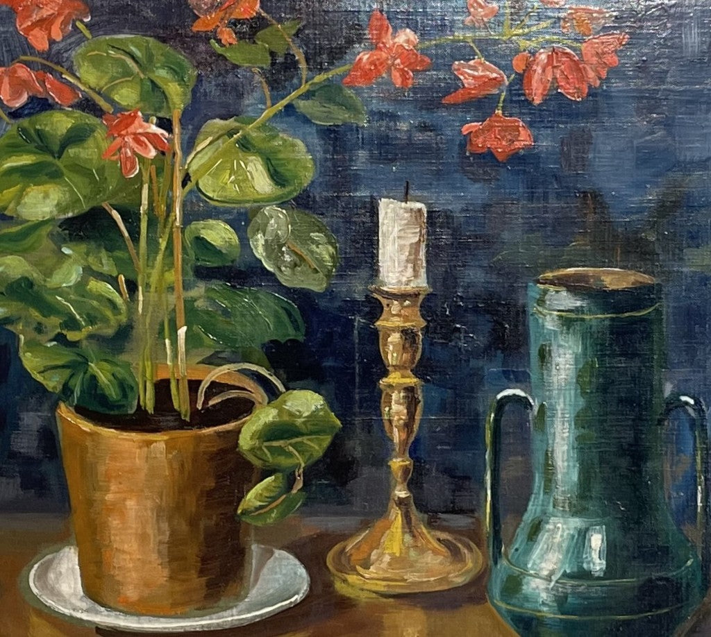 Oil on Board Still Life of Potted Geranium with Candlestick and Jug