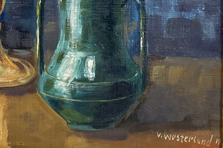Oil on Board Still Life of Potted Geranium with Candlestick and Jug