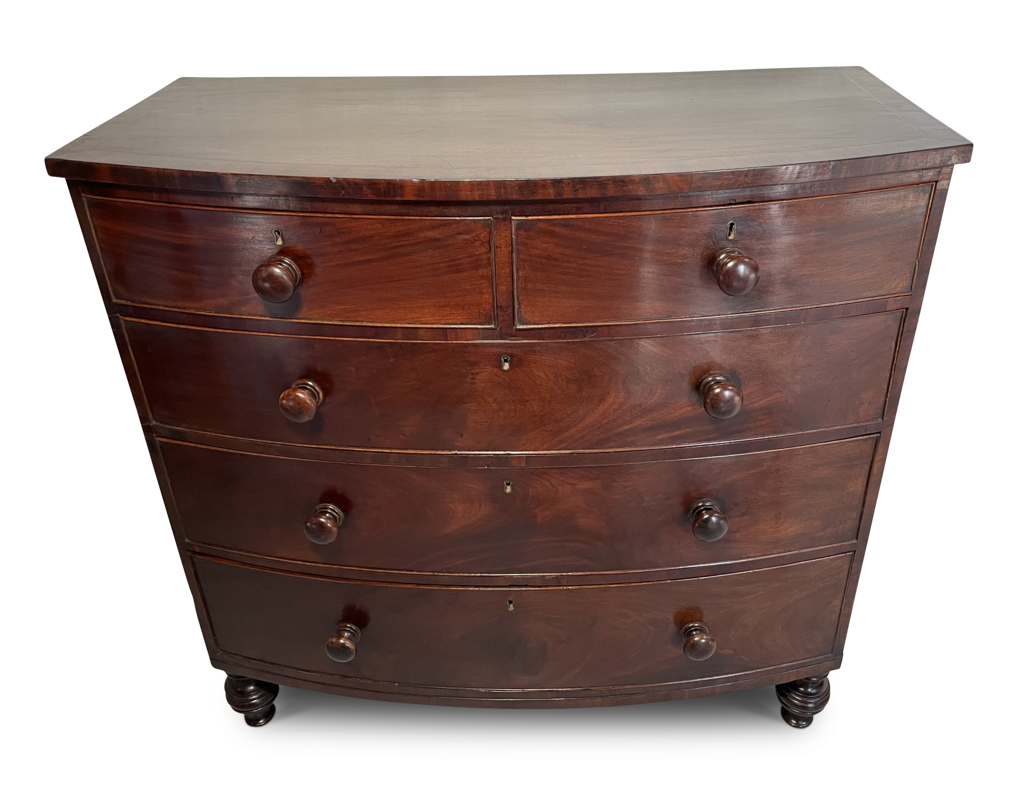 Mahogany Bow Fronted Chest of Two Over Three Drawers on Turned Bun Feet