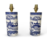 Pair of Blue and White Transfer Decorated Chinese Design Ironstone Vase Lamps by Ashworth Potteries