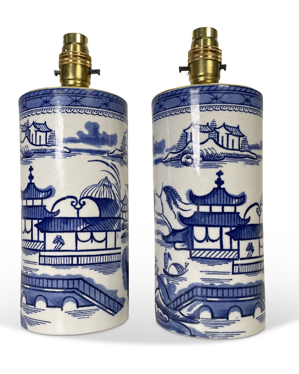 Pair of Blue and White Transfer Decorated Chinese Design Ironstone Vase Lamps by Ashworth Potteries