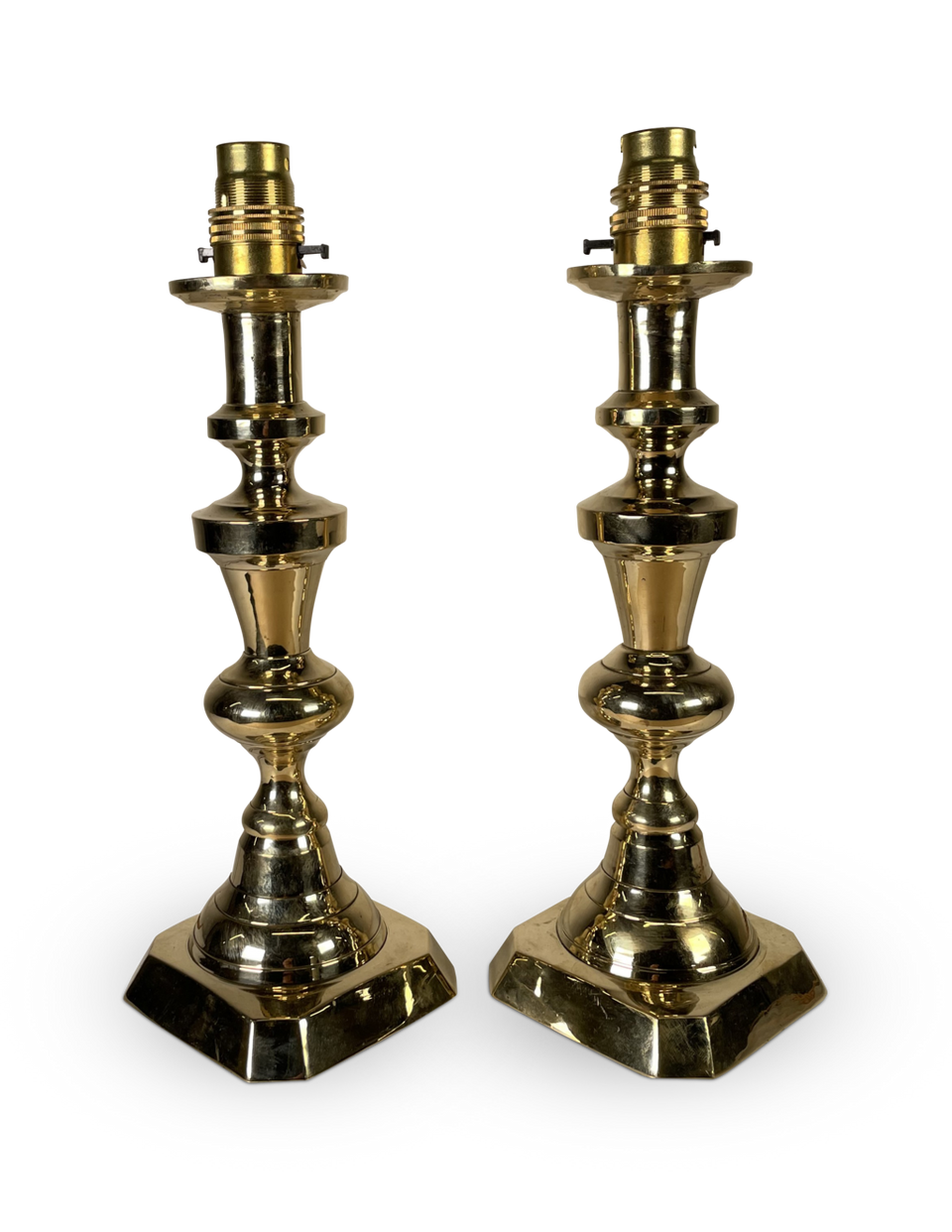 Pair of Victorian Turned Brass Candlestick Table Lamps