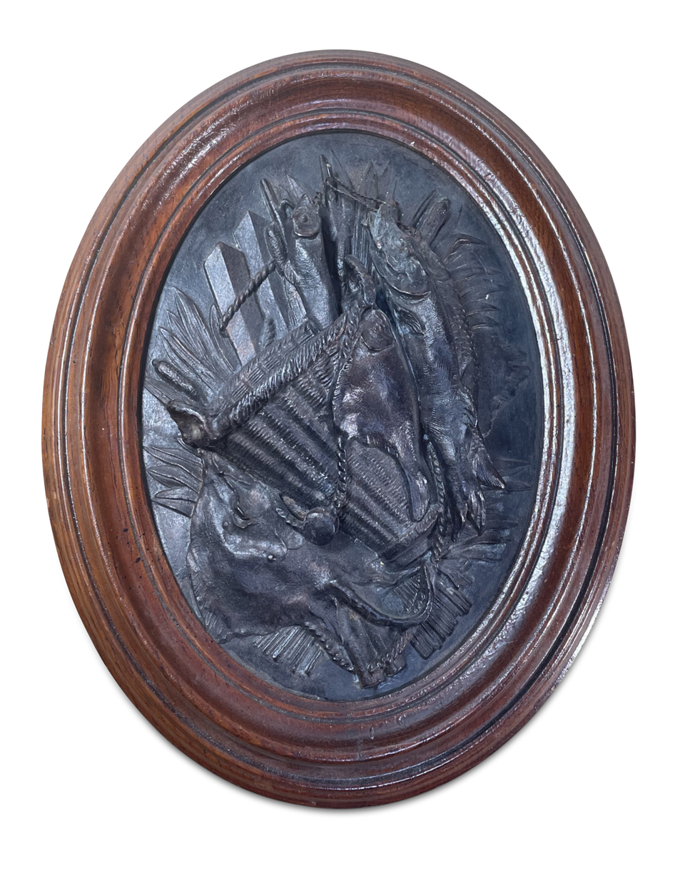 Cast Oval Plaque with Fishermans Basket and an Arrangement of Fish Mounted in a Oak Frame