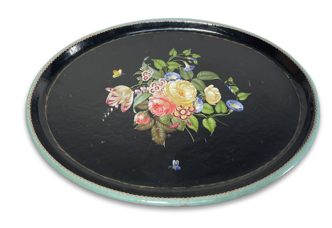 Oval Lacquered Tray with Painted Floral Decoration