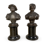 Pair of Patinated Spelter Library Busts of a Renaissance Lady and Gentleman on Ebonised Turned Socles