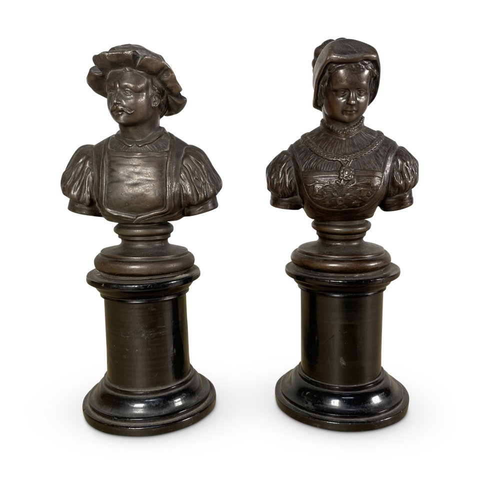 Pair of Patinated Spelter Library Busts of a Renaissance Lady and Gentleman on Ebonised Turned Socles