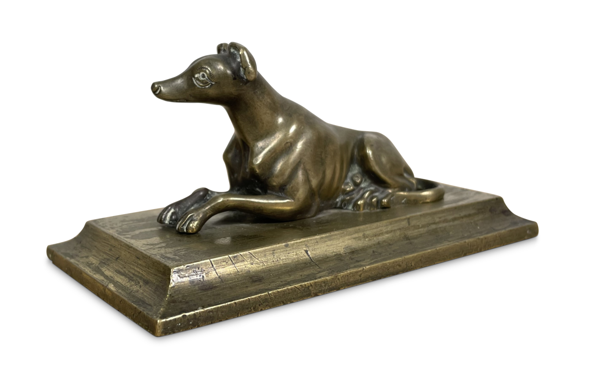 Bronze Recumbent Greyhound Dog Desk Weight on Rectangular Base