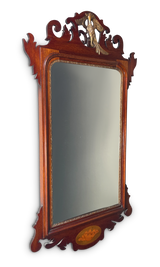 George III Mahogany and Parcel Gilt Pheonix Surmount Fretwok Mirror with Oval Marquetry Conche Shell Inlay