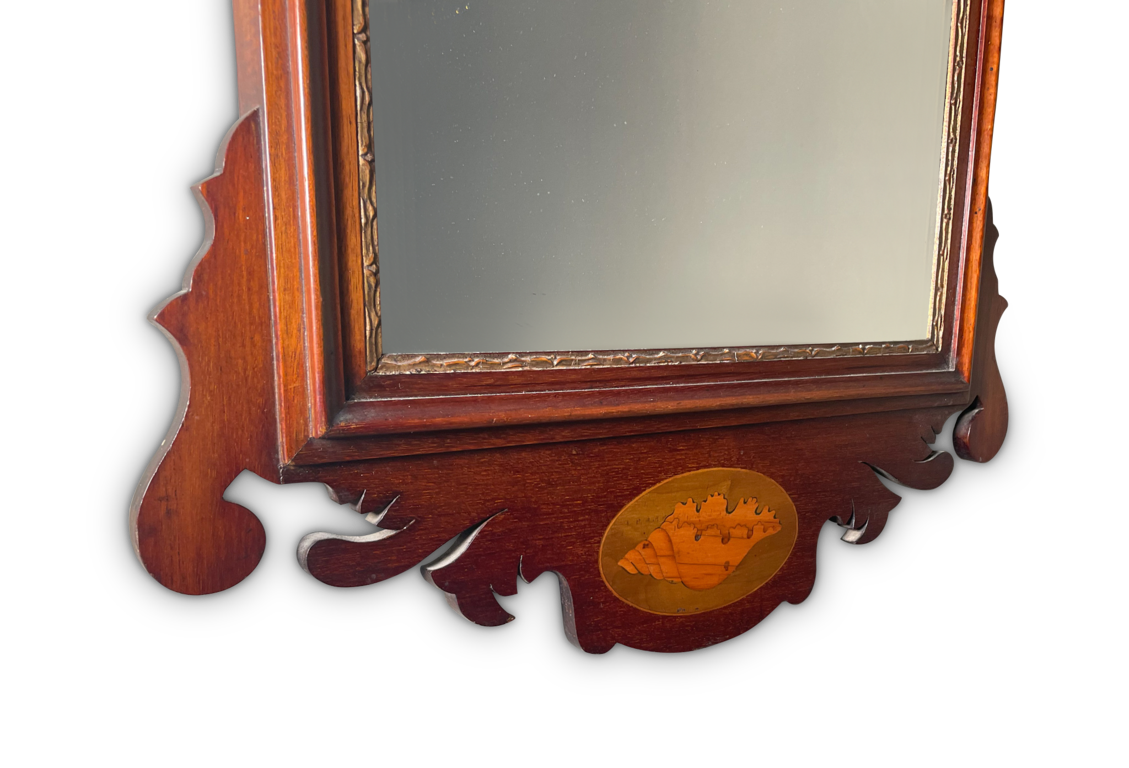 George III Mahogany and Parcel Gilt Pheonix Surmount Fretwok Mirror with Oval Marquetry Conche Shell Inlay