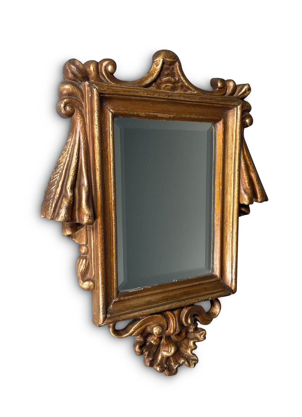 Baroque Style Giltwood Rectangular Bevelled Mirror With Drapery and Scroll Decoration