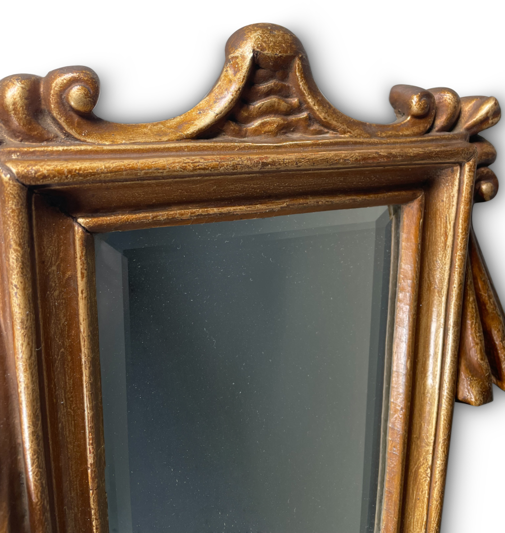 Baroque Style Giltwood Rectangular Bevelled Mirror With Drapery and Scroll Decoration
