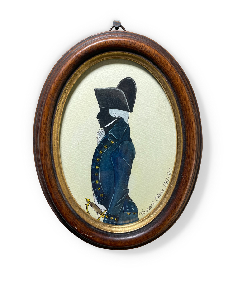 Watercolour Silhouette Military Portrait of a George III Warrant Officer 1787-1807 in an Oval Oak Frame