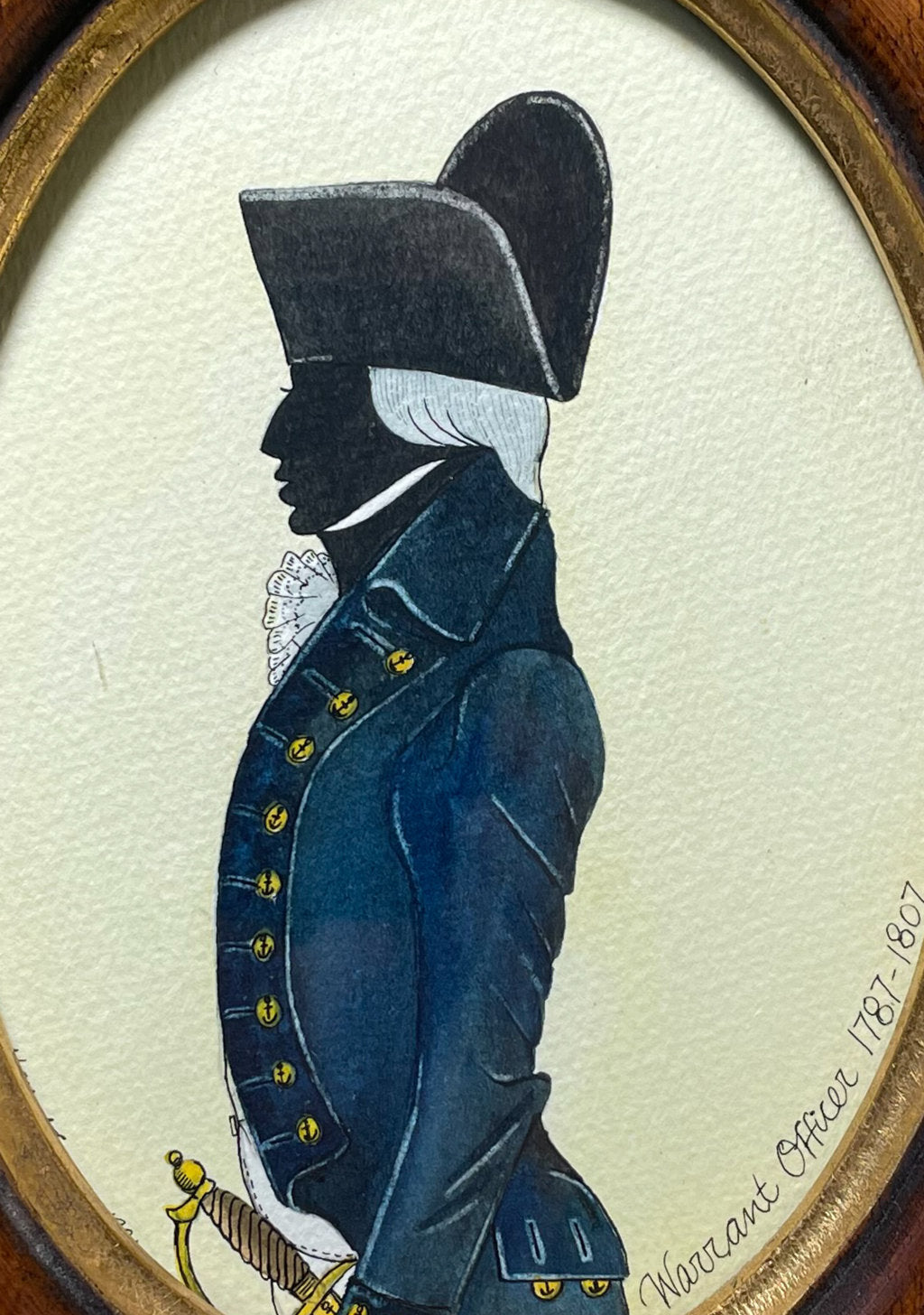 Watercolour Silhouette Military Portrait of a George III Warrant Officer 1787-1807 in an Oval Oak Frame