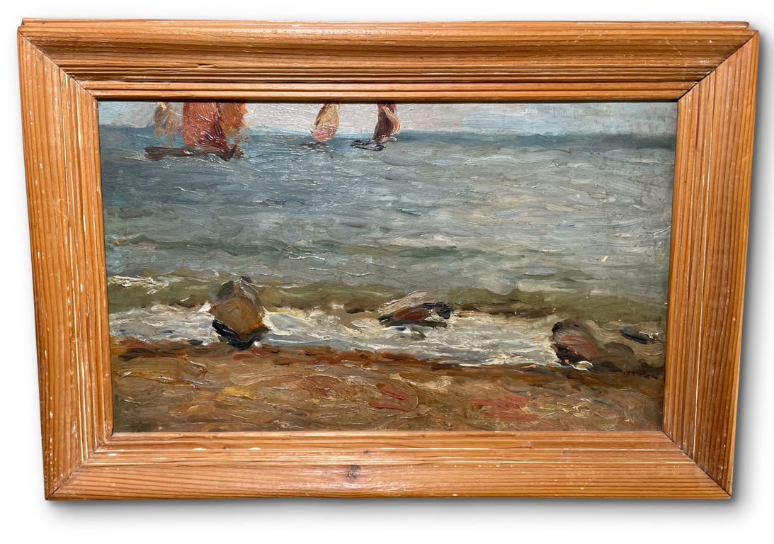 English School Oil on Board of Seascape Mounted in a Pine Frame