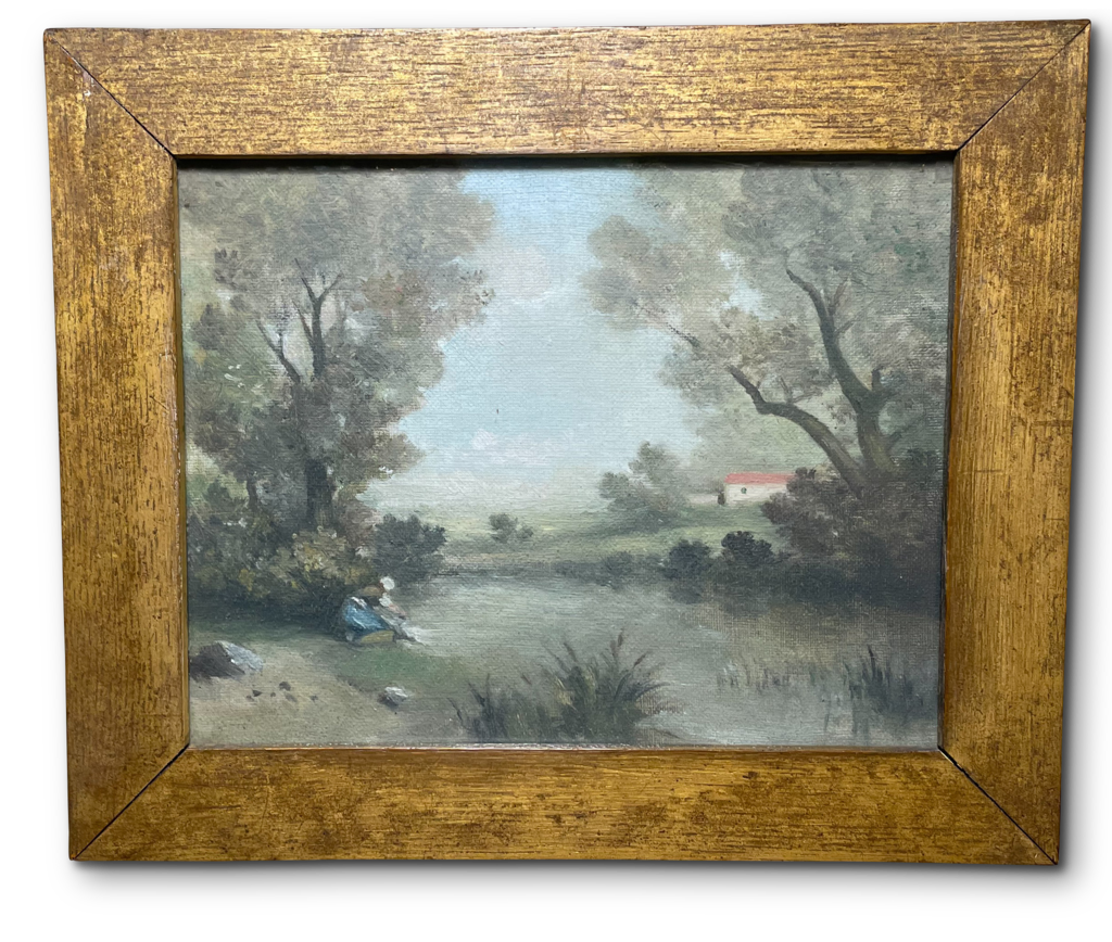 Oil on Board River Landscape with Washer Woman in a Wooden Gilt Frame