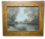 Oil on Board River Landscape with Washer Woman in a Wooden Gilt Frame