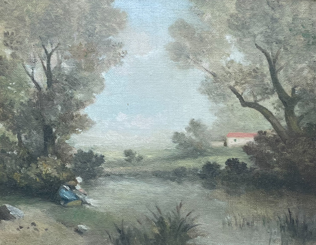 Oil on Board River Landscape with Washer Woman in a Wooden Gilt Frame