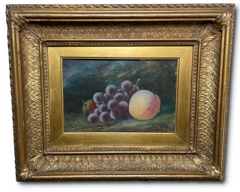 Oil on Board Still Life Peach and Grapes signed J Molyneux 1867