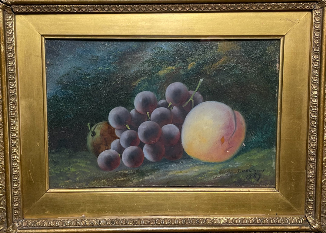 Oil on Board Still Life Peach and Grapes signed J Molyneux 1867