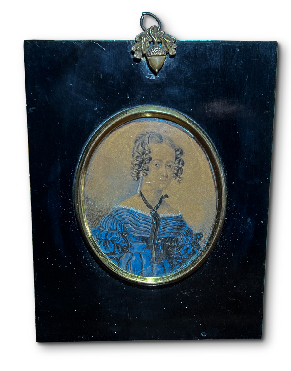 Oval Portrait Miniature of Lady with Blue Dress