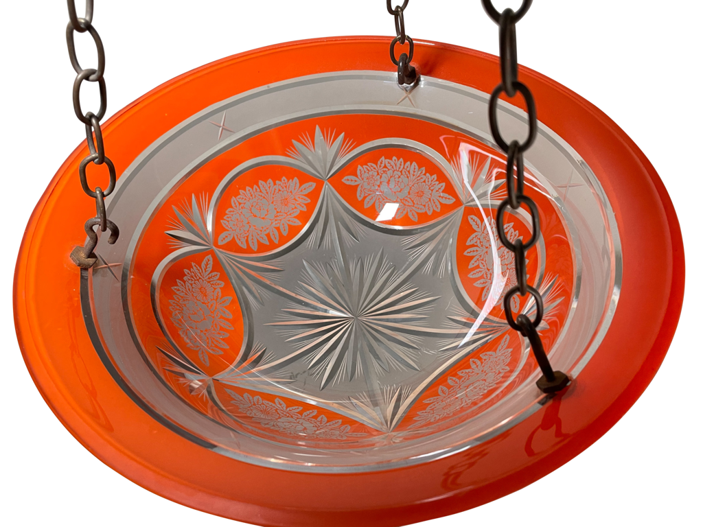 Etched Cut Glass Plafonnier with Orange Overlay