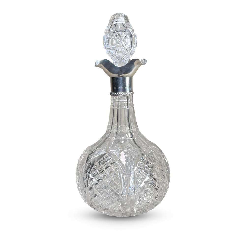 Cut Glass Decanter with English Hallmarked Silver Collar