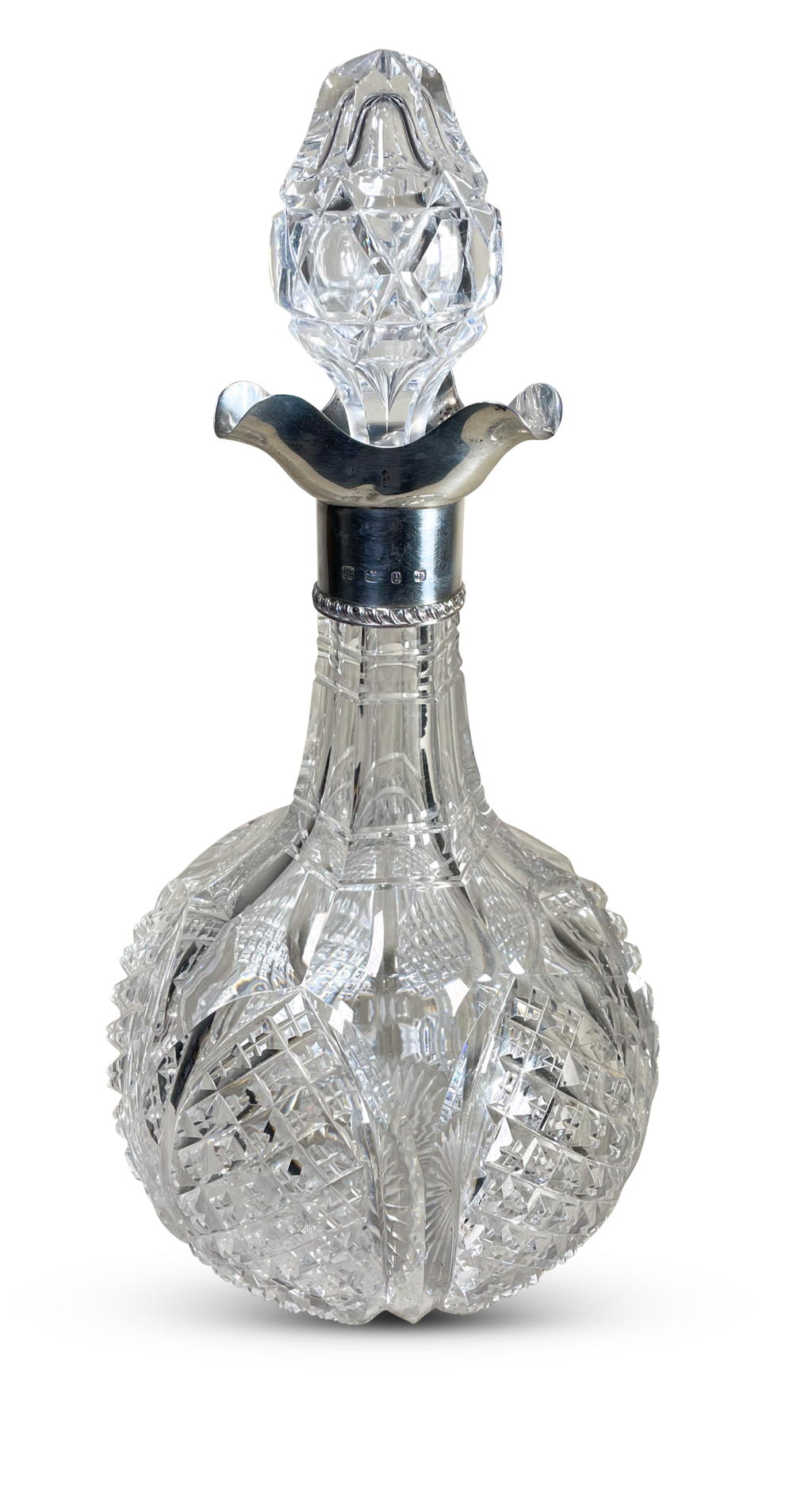 Cut Glass Decanter with English Hallmarked Silver Collar