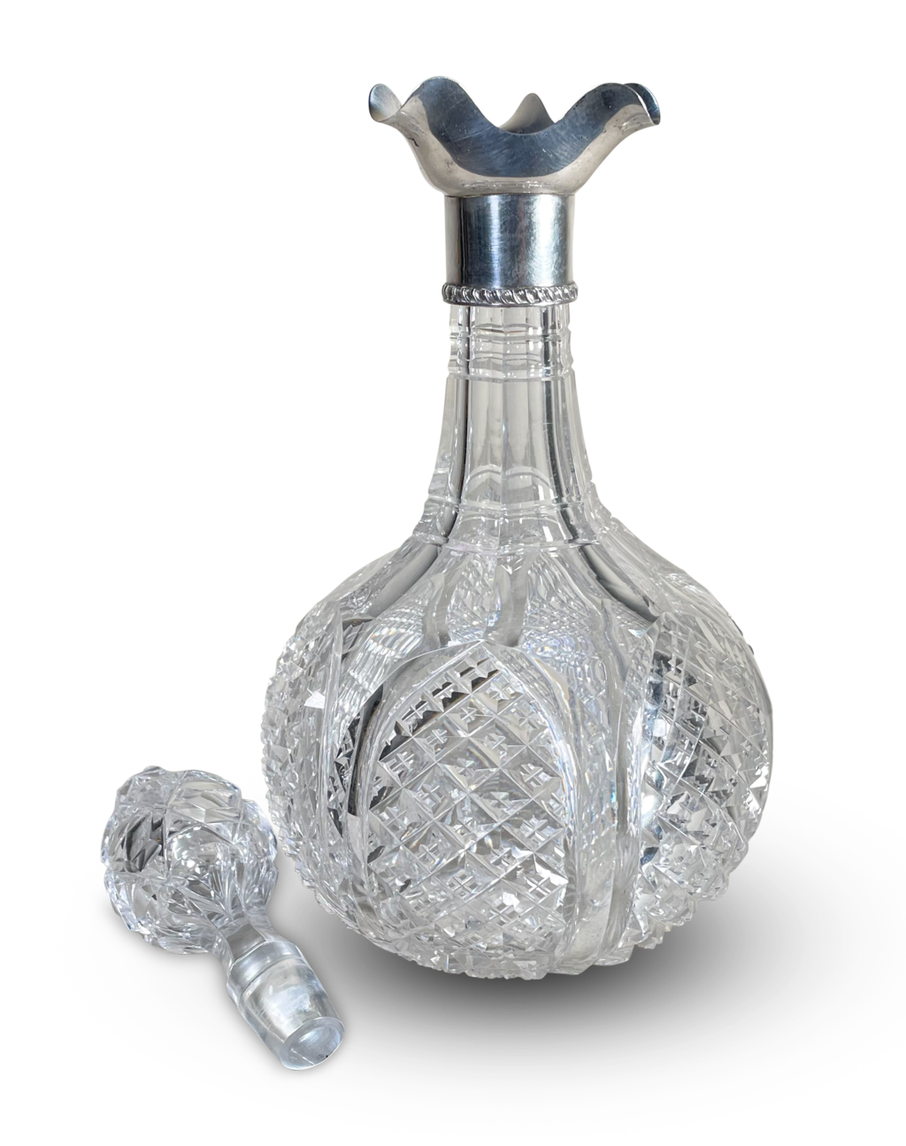 Cut Glass Decanter with English Hallmarked Silver Collar