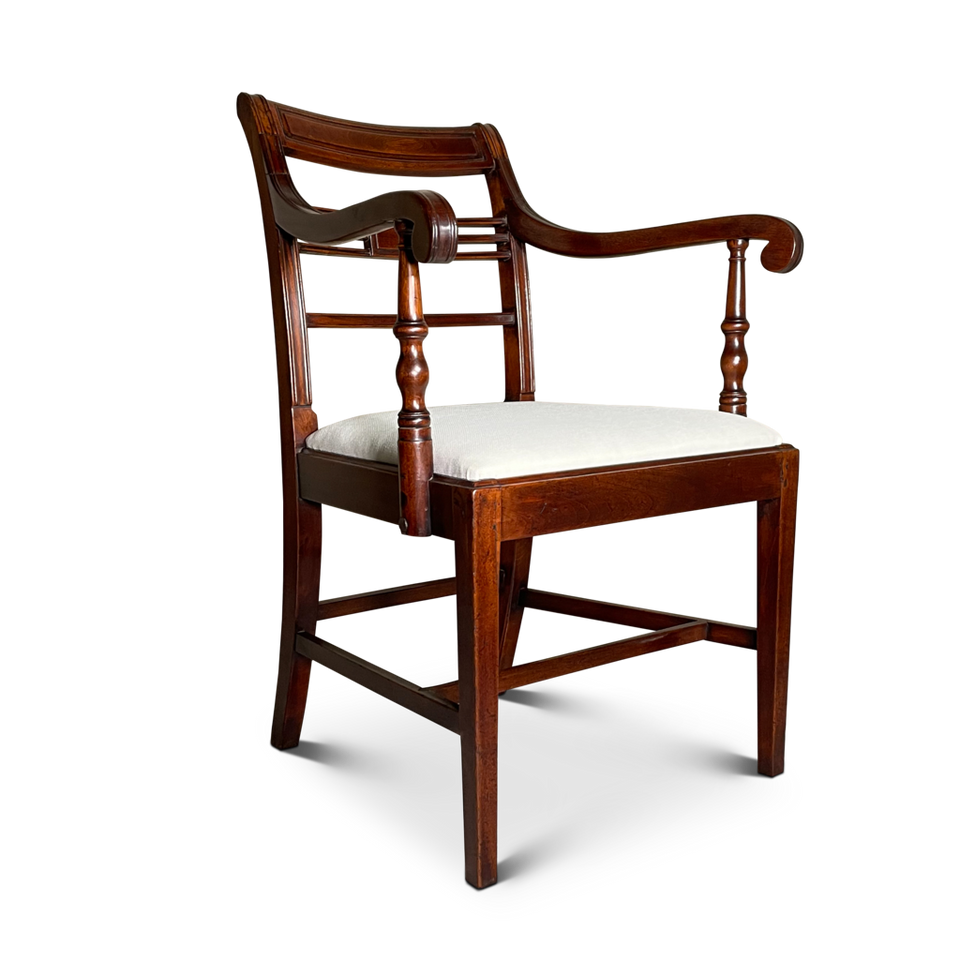 George III Mahogany Bar Back Elbow Chair with Scrolled Arms