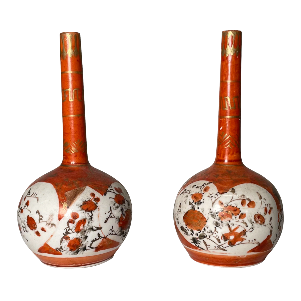 Pair of Meiji Period Kutani Shaft Vases