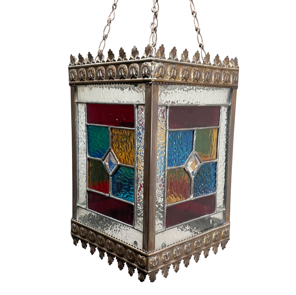 Aesthetic Movement Square Repousse Brass and Stained Glass Lantern