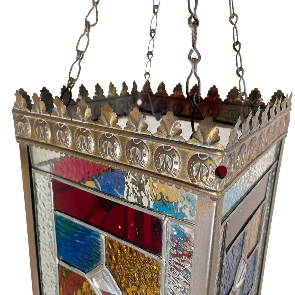 Aesthetic Movement Square Repousse Brass and Stained Glass Lantern