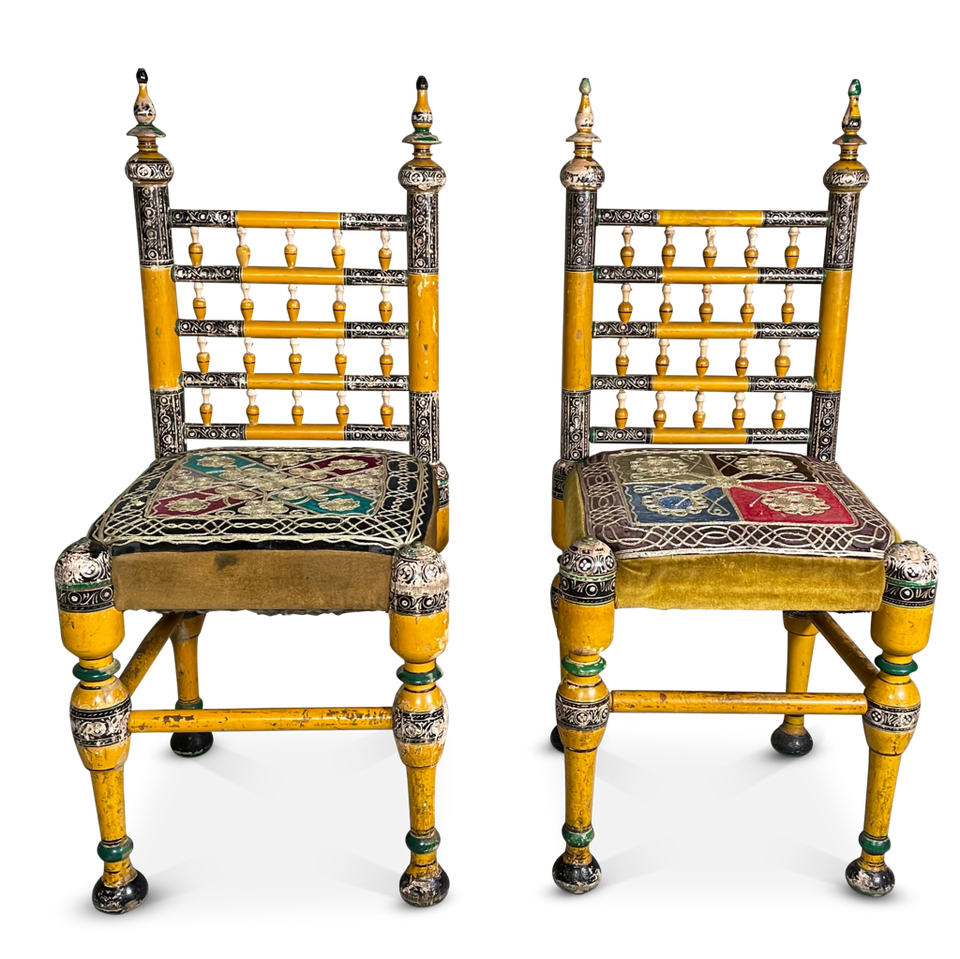 Pair of Polychromed Temple Chairs with Embroidered Seats